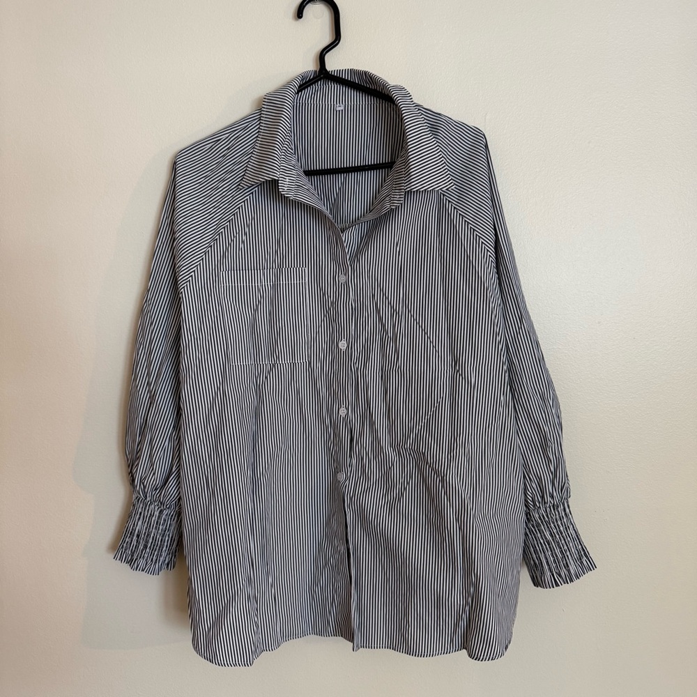 Womens XL Maternity Black & White Striped Long Sleeve button Blouse beach flowy